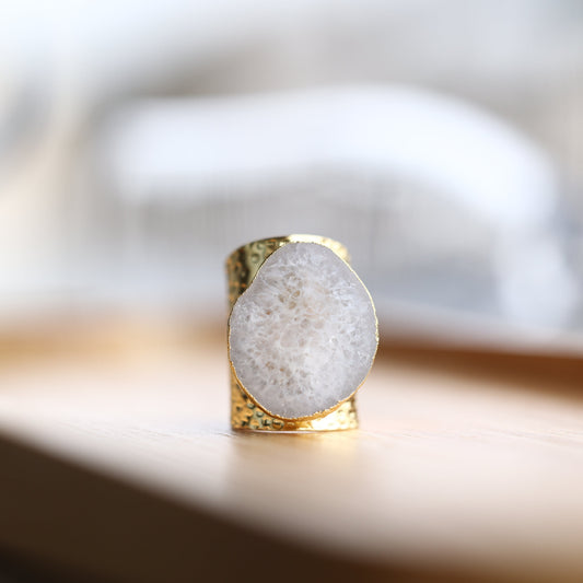 White Geode Statement Ring – Large Crystal on Hammered Gold Band My Store