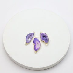 Slim purple agate geode connectors featuring natural druzy crystals and gold trim
