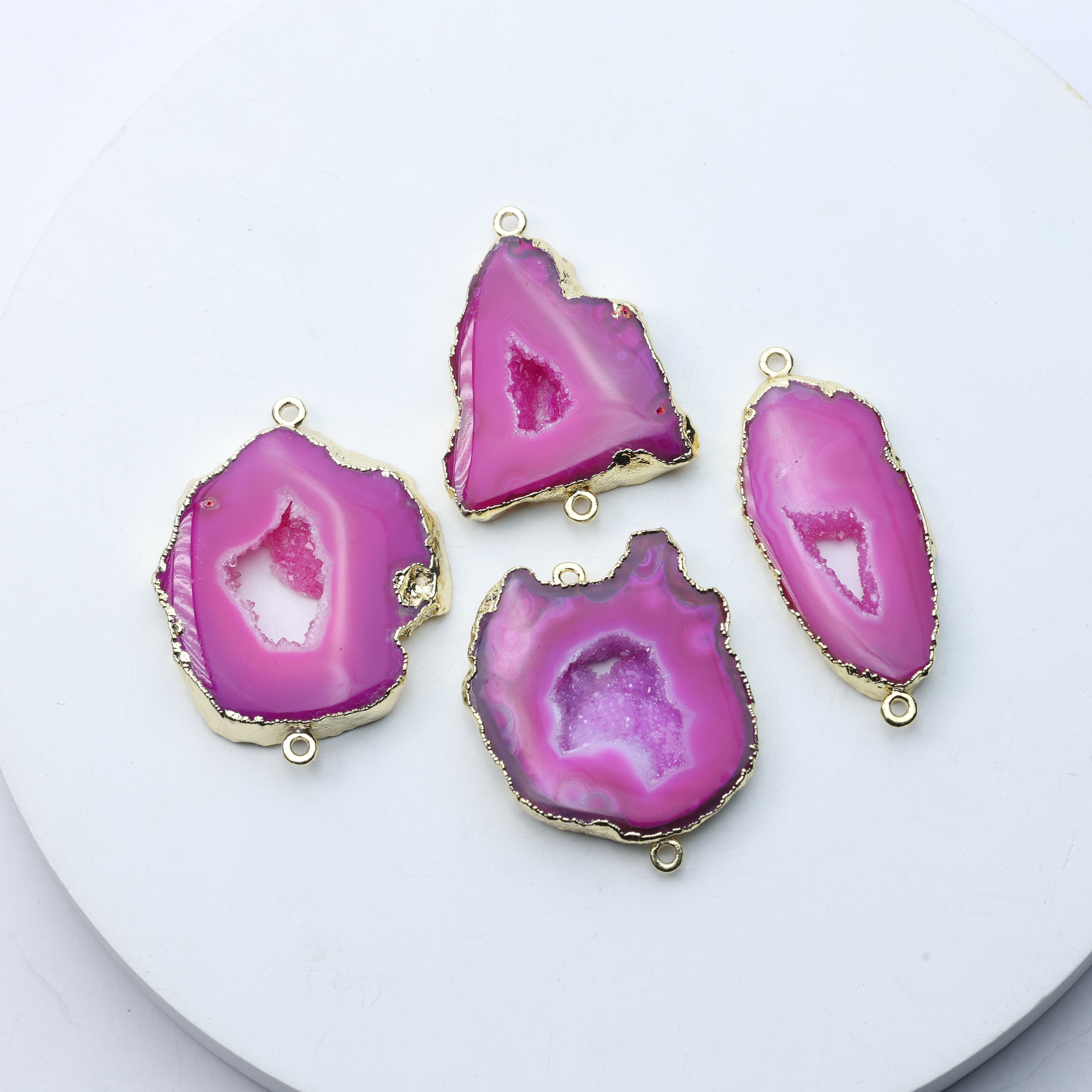 25–30mm pink agate gemstone connector with sparkling druzy for crafting bracelets and necklaces
