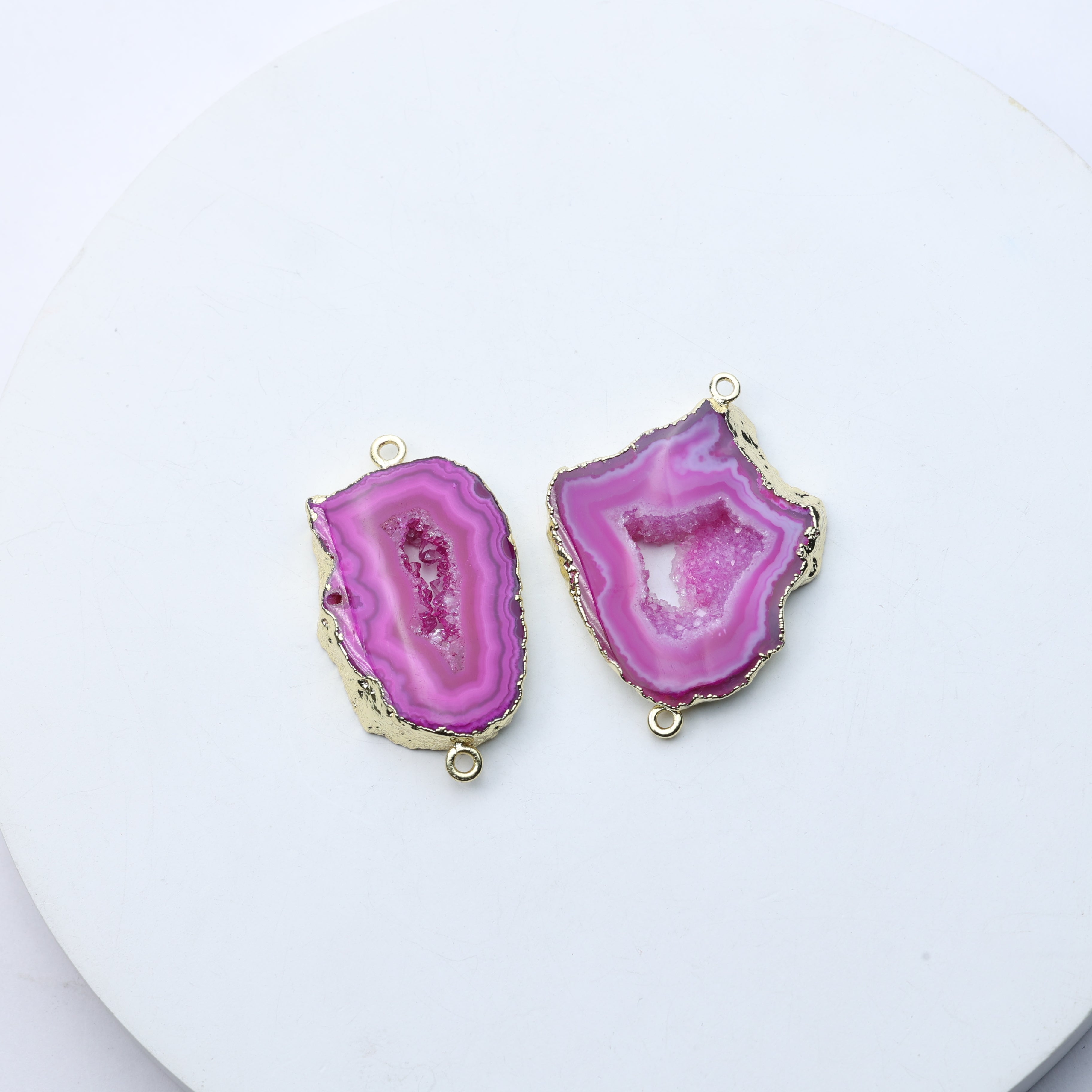 Handcrafted jewelry supply pink agate geode slice with druzy connector