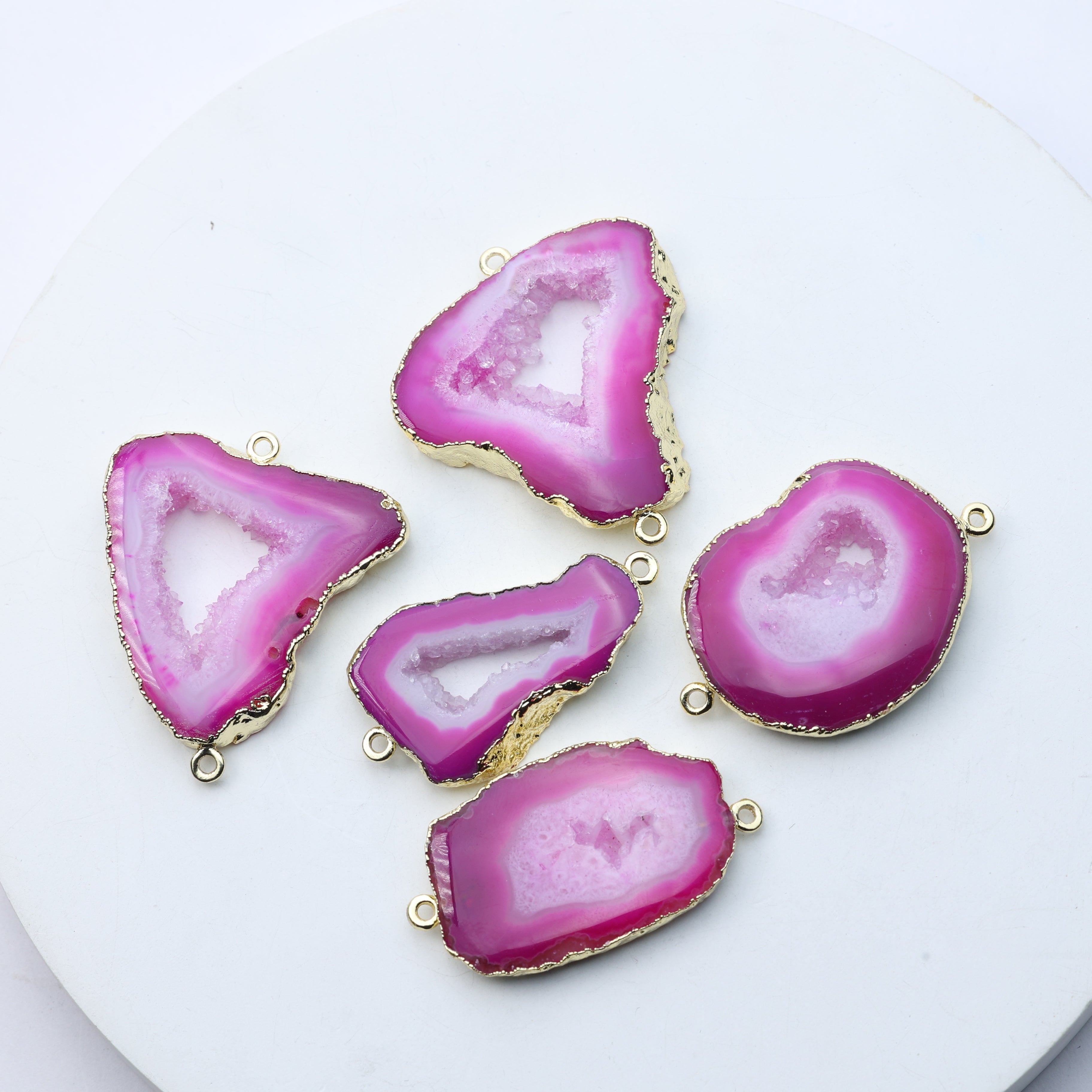 Natural pink agate geode slice connector with druzy center for DIY jewelry making