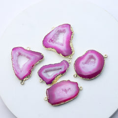 Natural pink agate geode slice connector with druzy center for DIY jewelry making