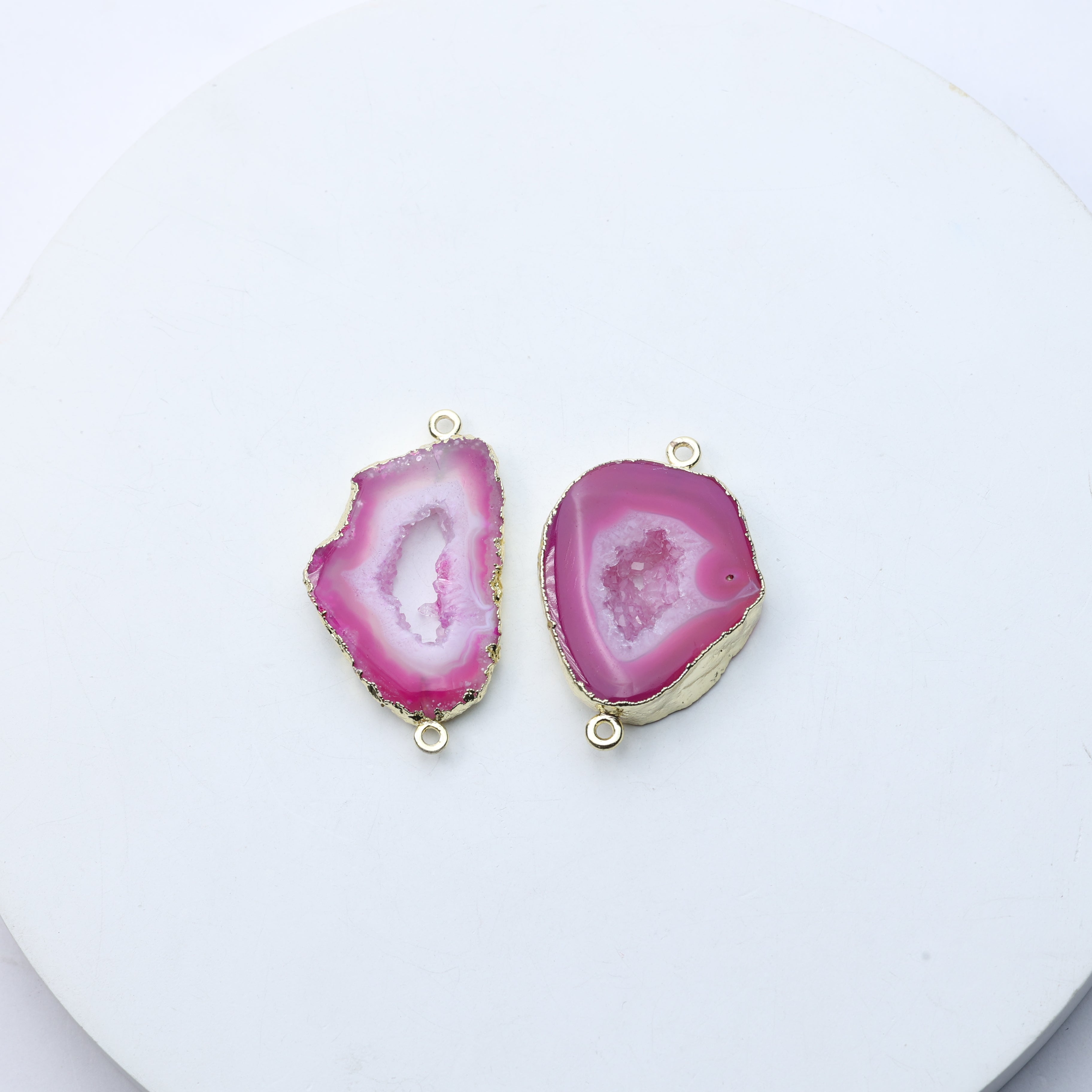 Natural pink agate druzy connector gemstone slice 25–30mm for artisan jewelry