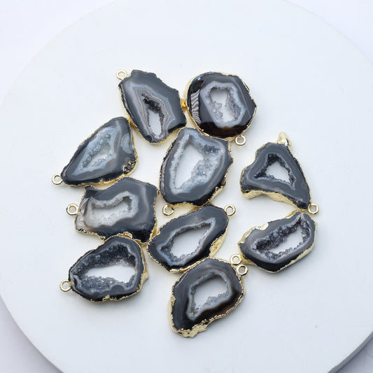 Natural grey druzy geode slice connectors with crystal centers and gold edging