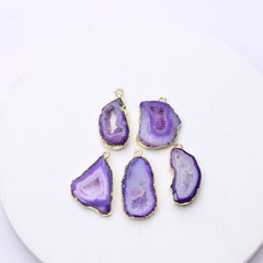 Unique purple geode slice connectors with raw druzy sparkle and gold rims