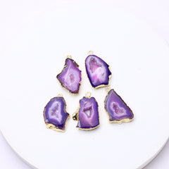 Natural agate purple geode connectors with gold-plated bezels and crystal centers