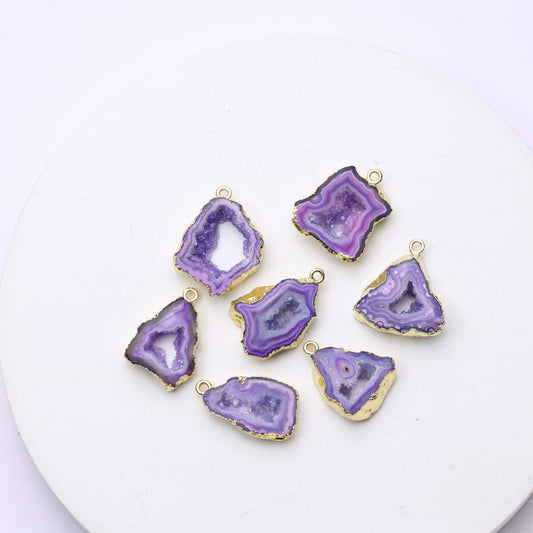 Natural geode slice connector with druzy crystal center and gold-plated edge