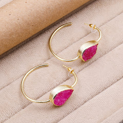 Gold-Plated Brass Hoop Earrings with Black Druzy Stone – Handmade Boho Statement Jewelry Meena Design