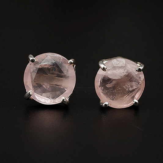 Elegant Rose Quartz stud earrings featuring round rose-cut gemstones in a bezel setting. AAA quality, minimalist design perfect for women. My Store