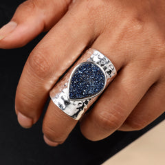 Handcrafted Titanium Blue Druzy Agate Ring – Unique Pear Gemstone, Adjustable My Store