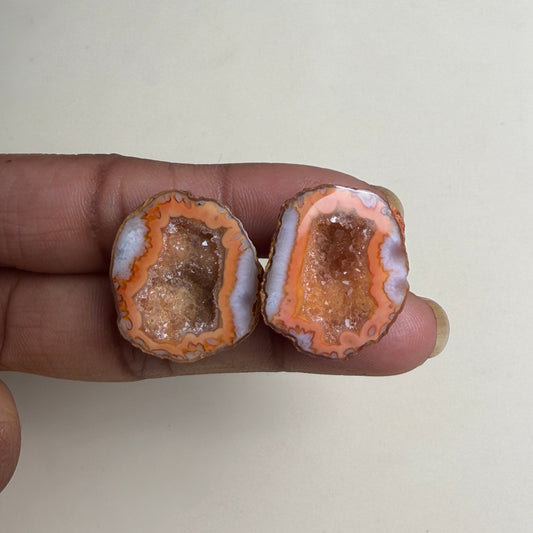 Natural Agate Geode Druzy Pair 20–25mm | Peach Orange Matching Stones Wholesale Meena Design