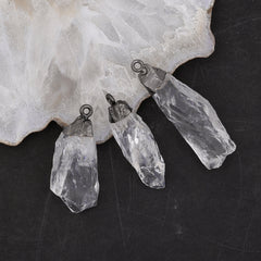 Natural Clear Quartz Crystal Point Pendant | Raw Stone Gold Plated Healing Jewelry Meena Design