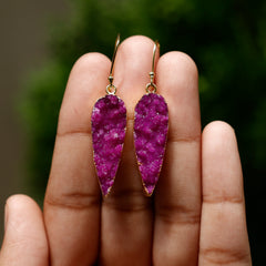Natural Pink Druzy Stone Drop Earrings | Handmade Gold Plated Boho Jewelry for Women Meena Design