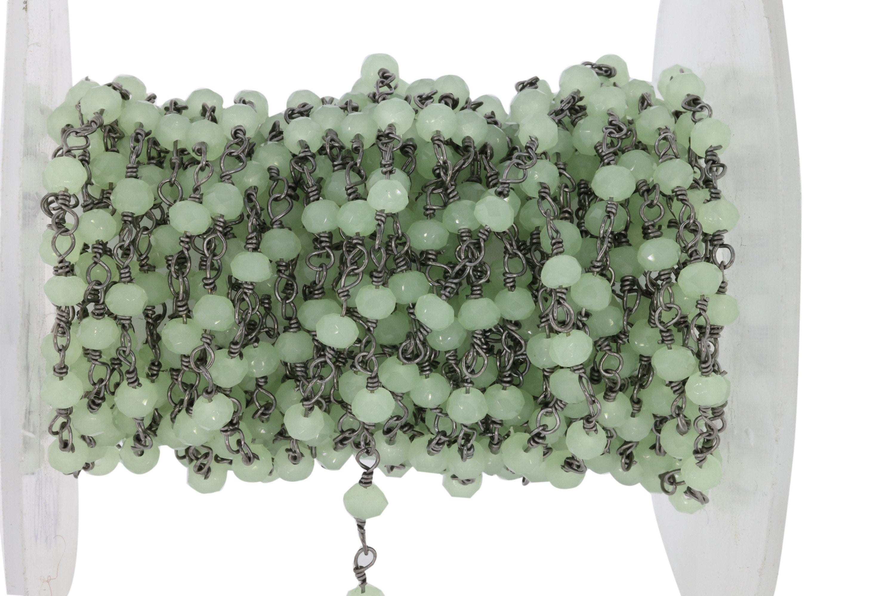 10 Feet Jade Glass Beads Black Plated And Silver Plating rosary chain - Meena Design