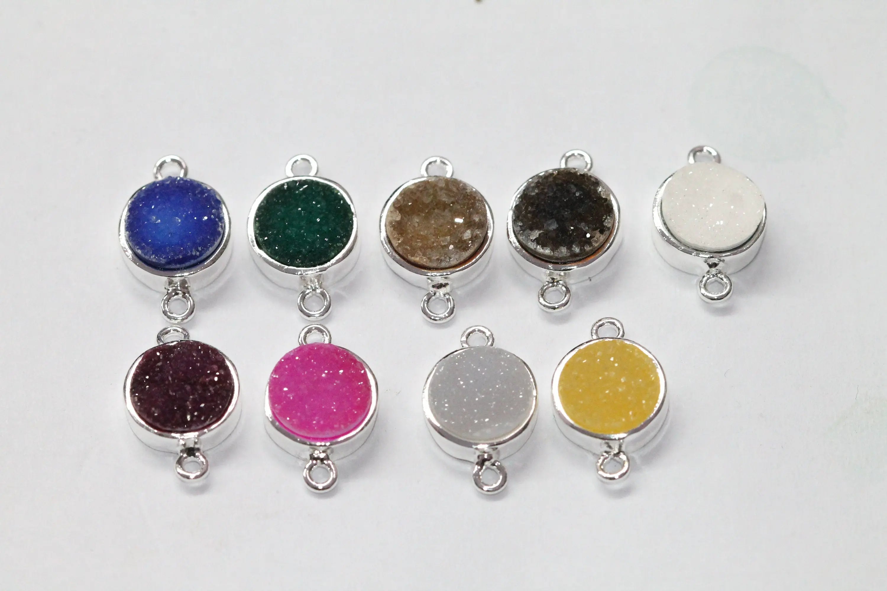 10 mm circle connector agate druzy natural gem stone silver plated fancy collet - Meena Design