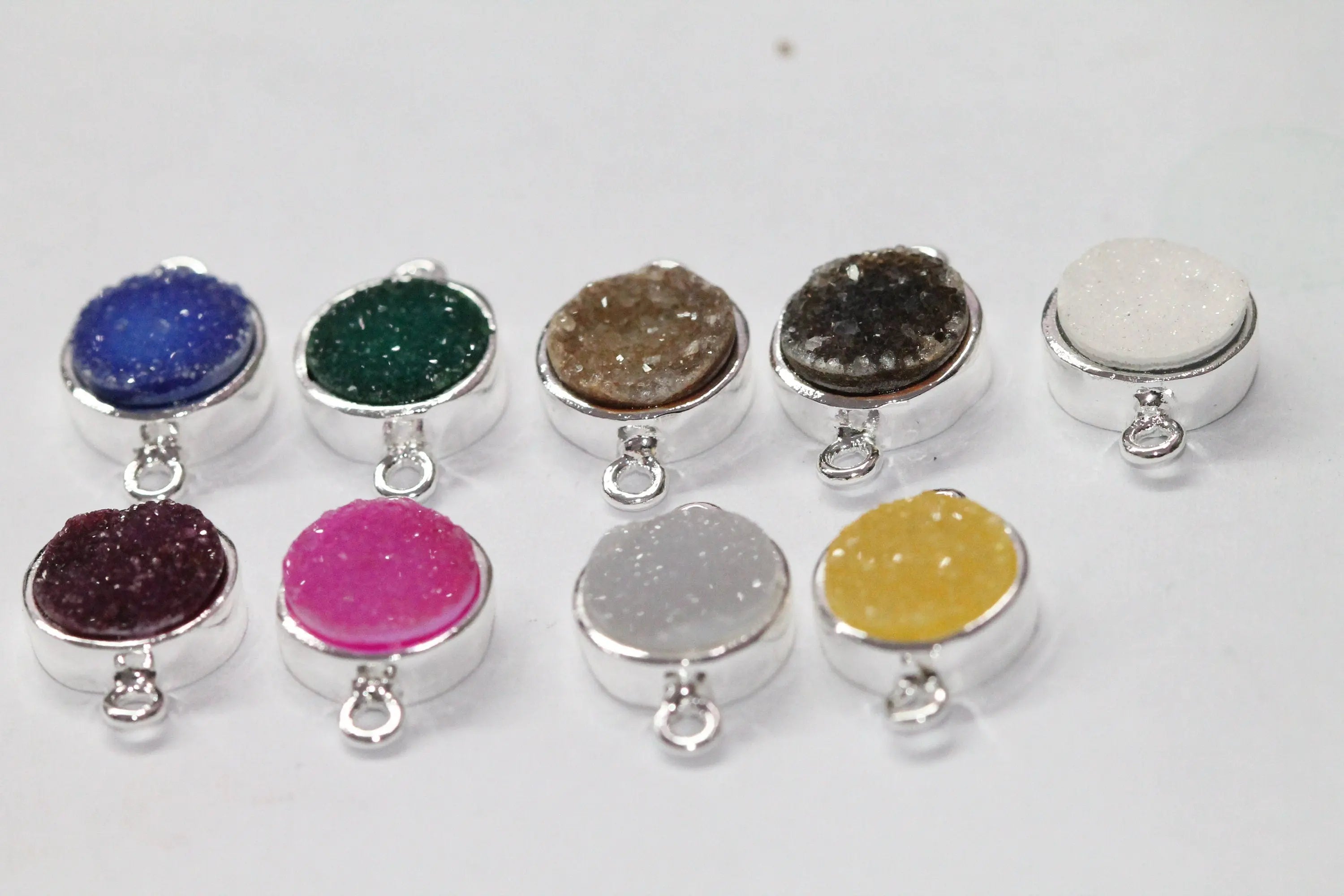 10 mm circle connector agate druzy natural gem stone silver plated fancy collet - Meena Design