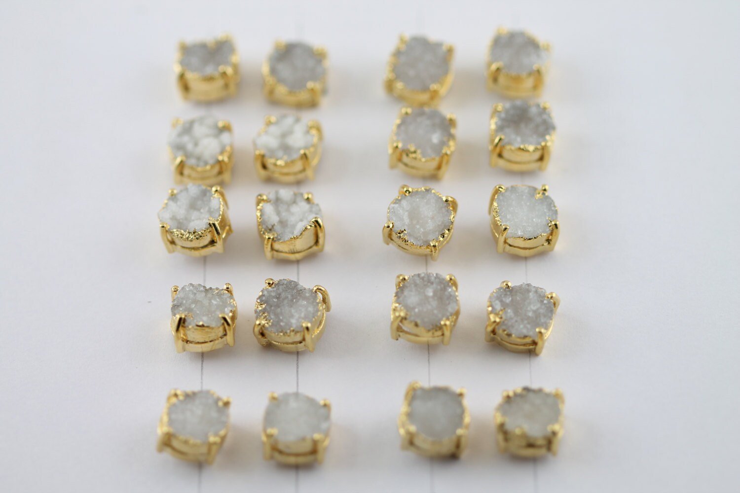 10 mm Round, Natural Druzy Quartz, Minimalistic, Geode Studs, Rock Studs, Gold Studs , Gold Edged Prong - Meena Design