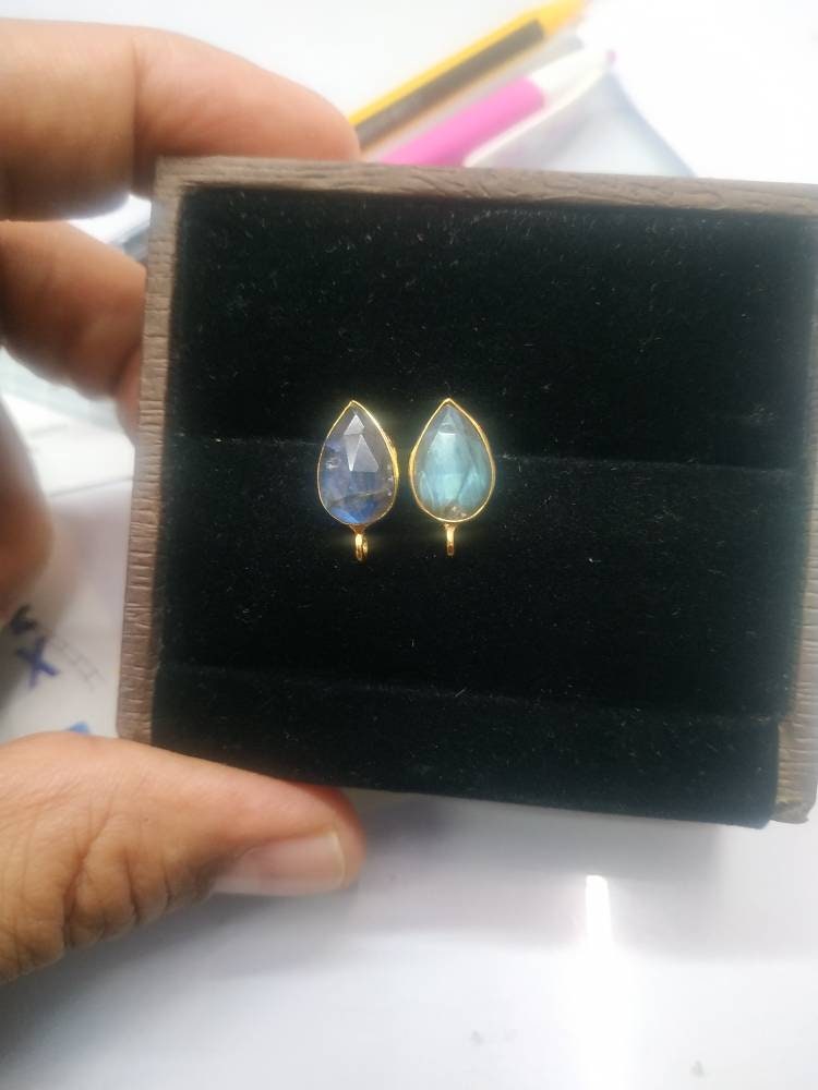 8 * 12 MM Pear Stud Earpost Faceted Briolette Gemstone Gold Plated Brass - Meena Design