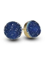 8 mm Circle Natural Agate Druzy Gemstone Minimalistic Stud Gold Plated on Brass - Meena Design