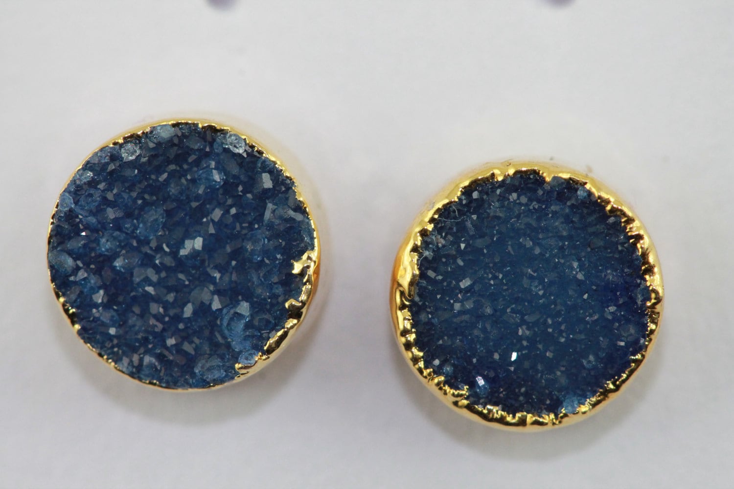 8 mm Circle Natural Agate Druzy Gemstone Minimalistic Stud Gold Plated on Brass - Meena Design