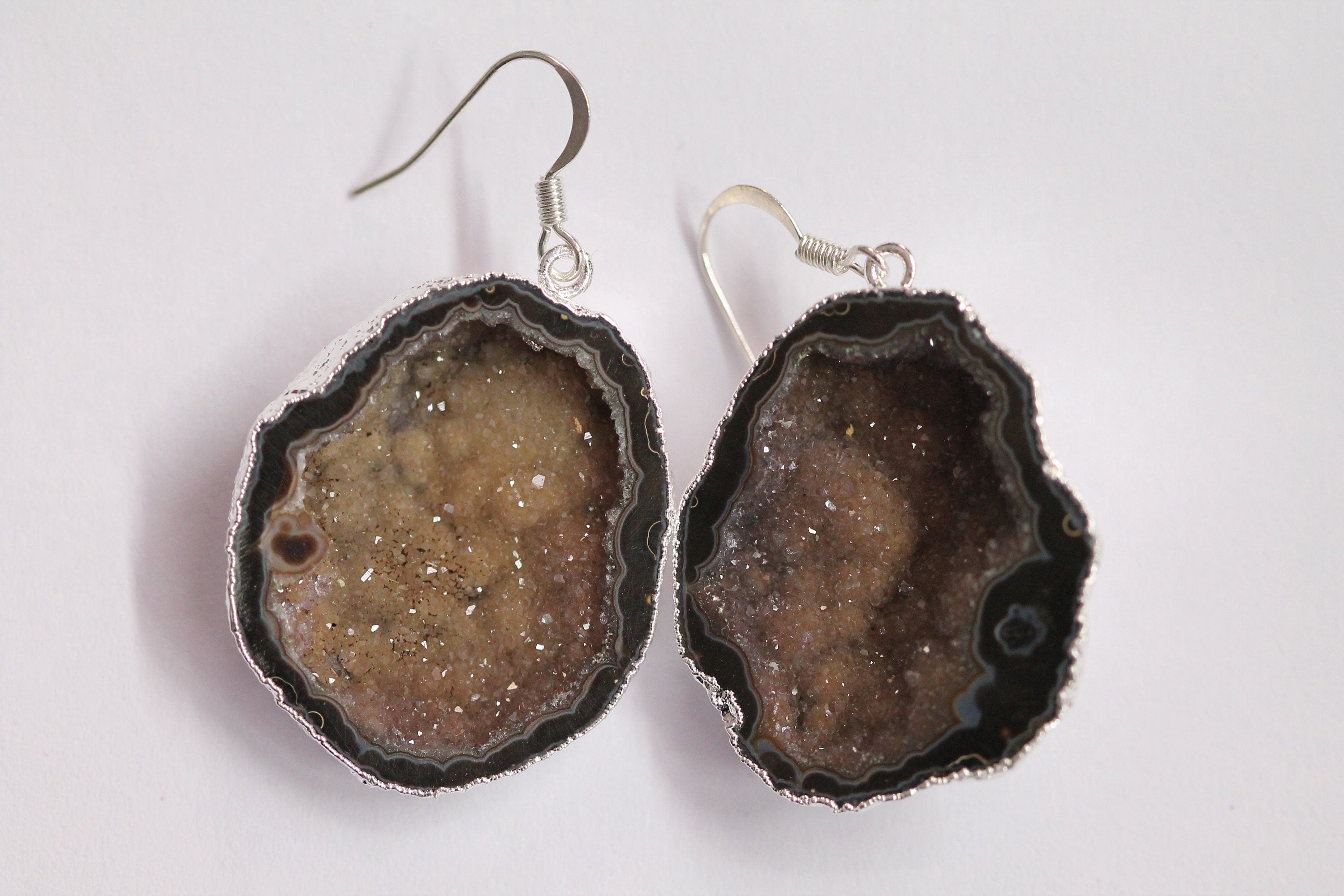 agate geode druzy earrings with fish hooks silver 925% - Meena Design