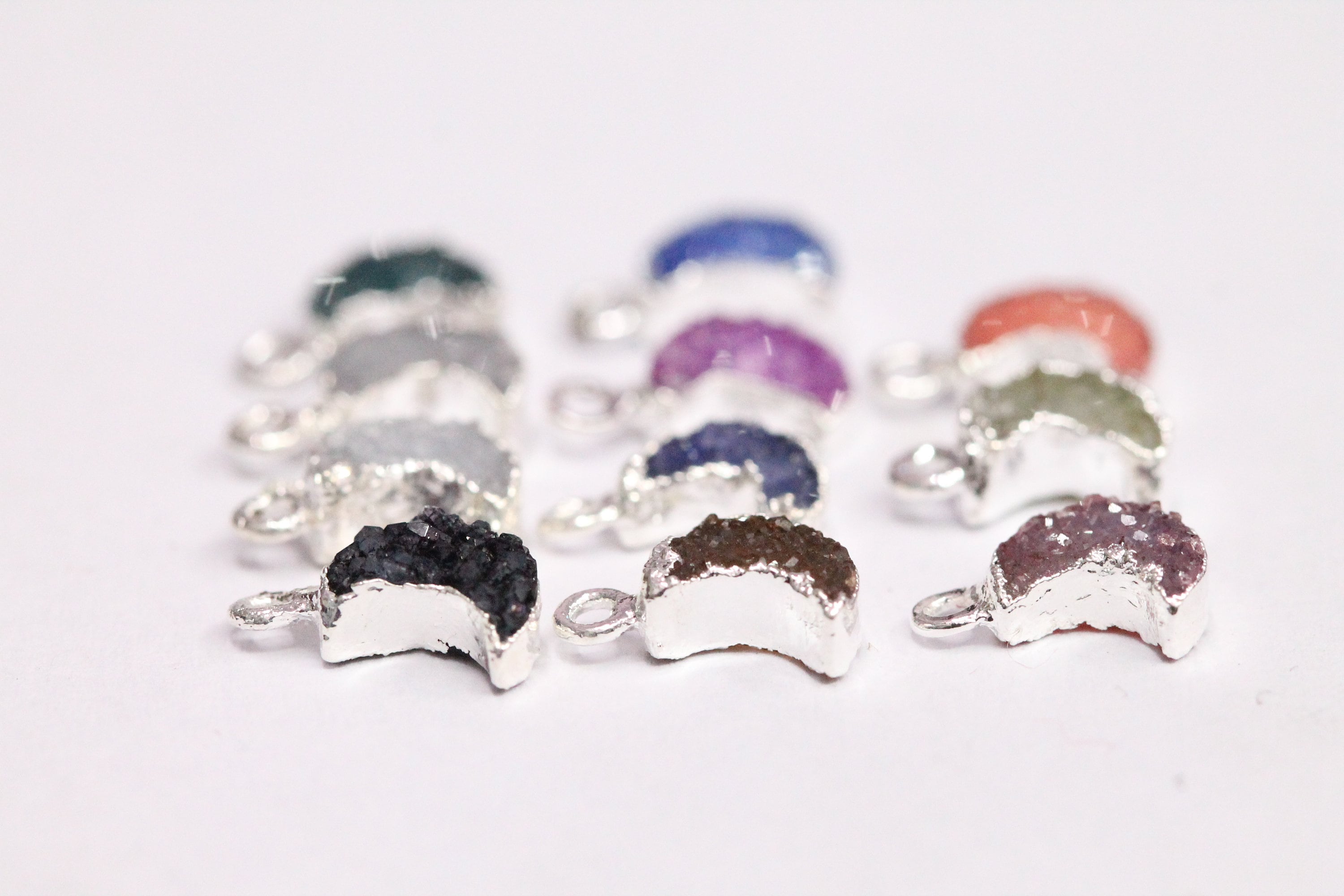 Druzy Moon, Natural Gemstone, Silver Edged, Single Bail, Dainty Crescent , 7 mm - Meena Design
