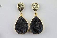 Earrings Natural black Druzy 15 * 20 Pear Hand Crafted in Brass and Gold Plated - Meena Design