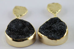Earrings Natural black Druzy 15 * 20 Pear Hand Crafted in Brass and Gold Plated - Meena Design