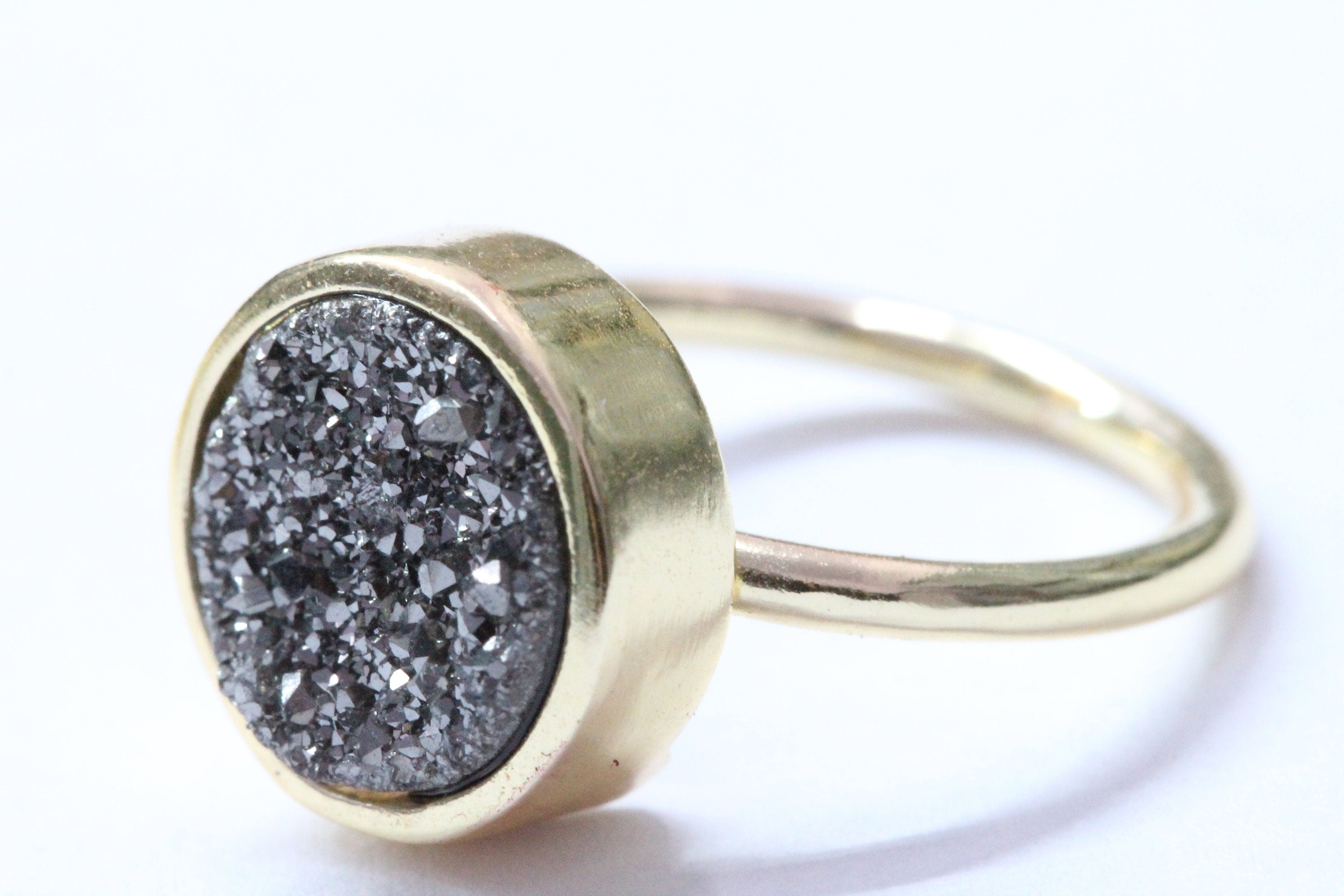Micron Gold Rings 10 mm Natural Gemstone Agate Druzy Round Titanium Green Gold Plated on Brass Adjustable Shank - Meena Design