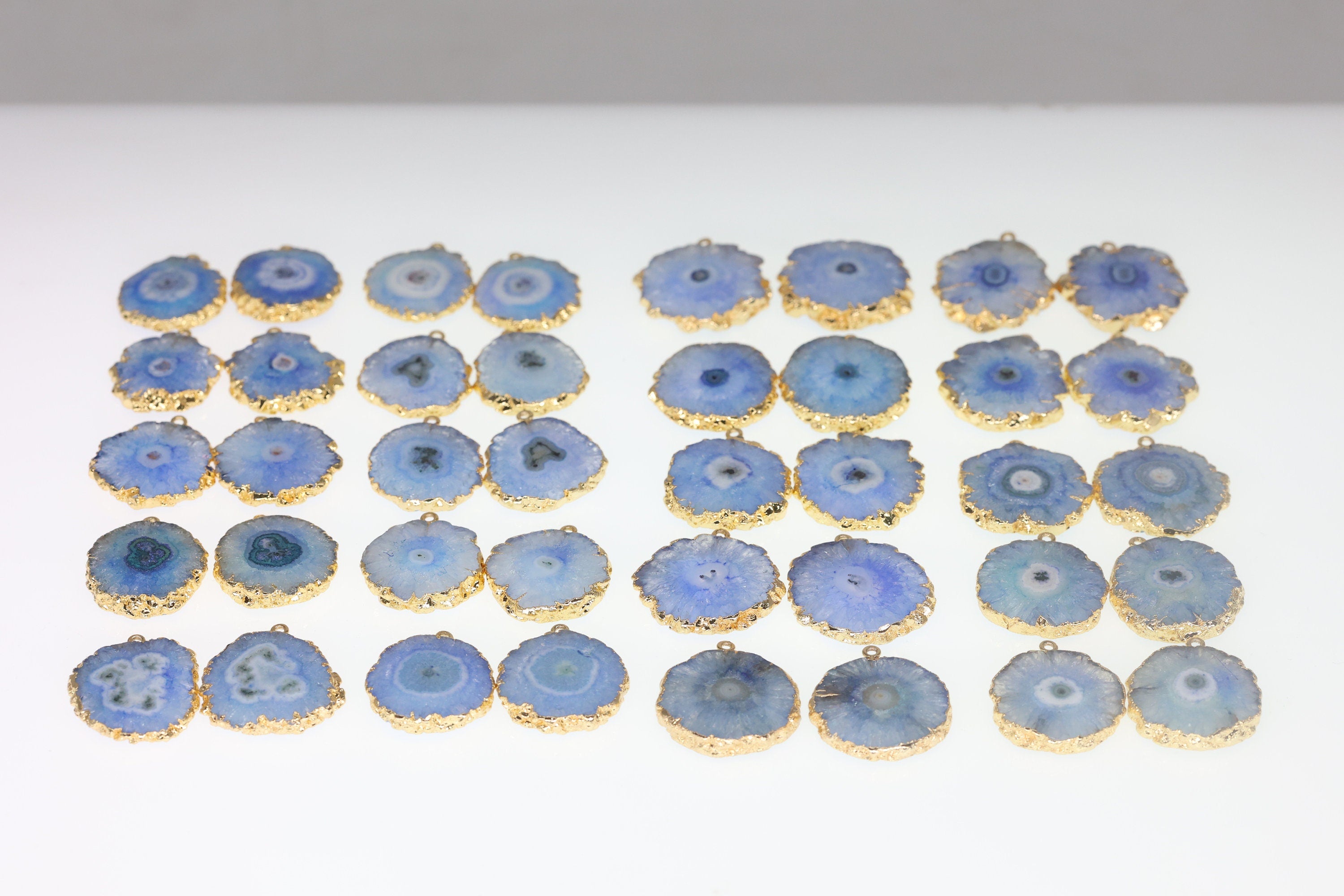 Pairs Blue Solar Quartz Gemstones For Earring 1 Bail Gold edged 20 - 30 mm 2 Side Hand Polished - Meena Design