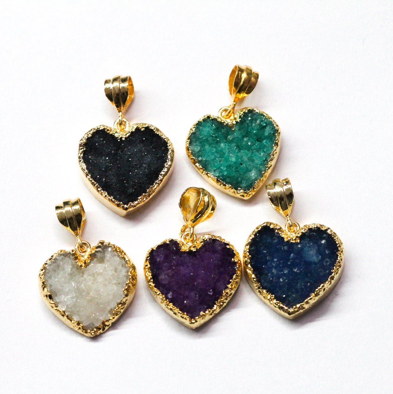 Pendants Natural Gem Stone Quartz Druzy 20 MM Heart Edged Pendants - Meena Design