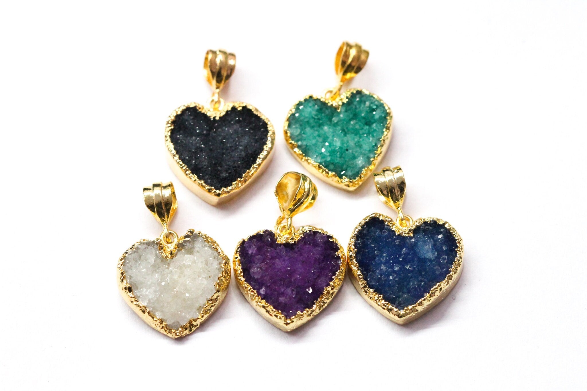 Pendants Natural Gem Stone Quartz Druzy 20 MM Heart Edged Pendants - Meena Design