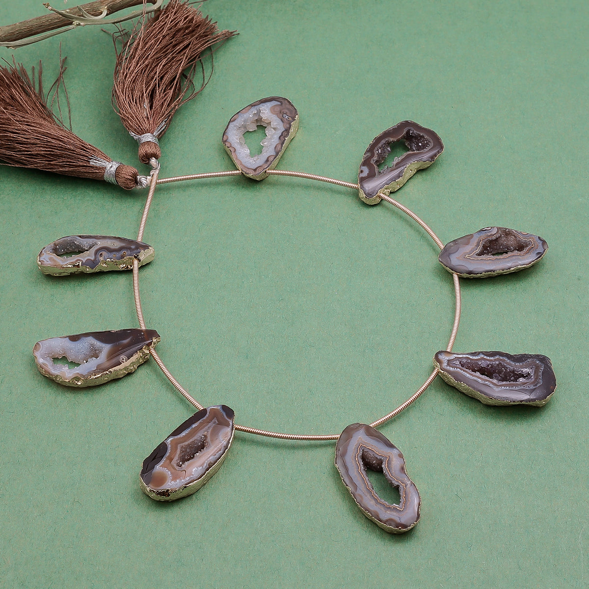 Gold-Framed Pink Agate Necklace with Geode Stones
