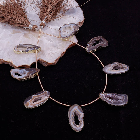 Gold-Framed Pink Agate Necklace with Geode Stones