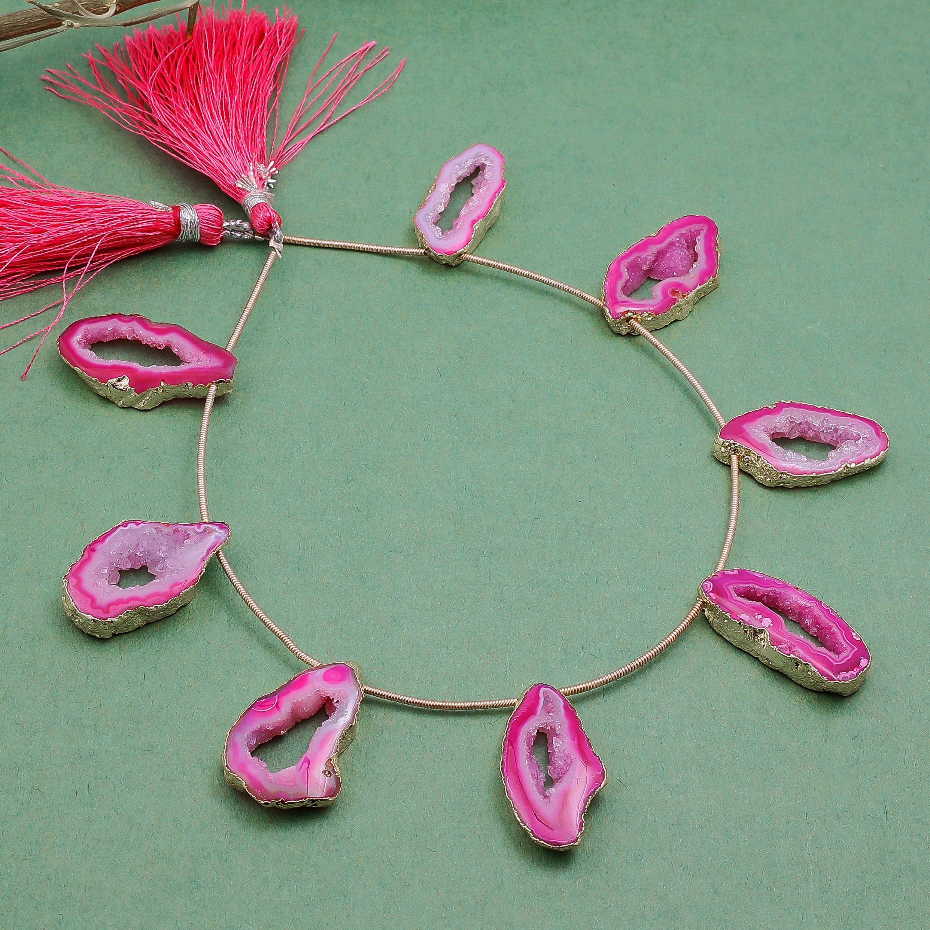 Unique Pink Geode Jewelry Necklace with Tassels