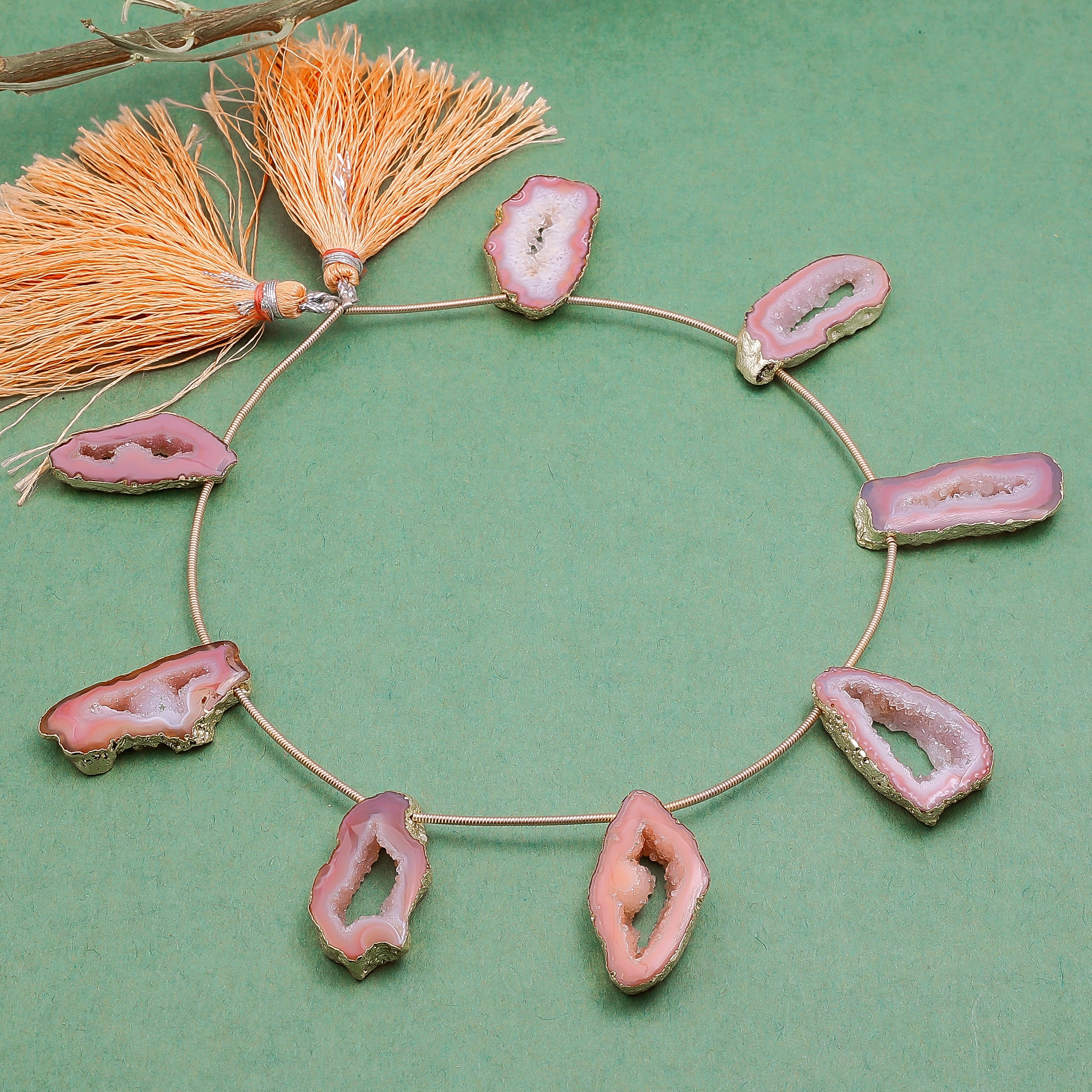 Peach Agate Druzy Geode Slice Bead Strand with Tassels – Natural Stone for Jewelry Making My Store