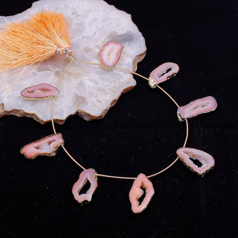 Peach Agate Druzy Geode Slice Bead Strand with Tassels – Natural Stone for Jewelry Making My Store