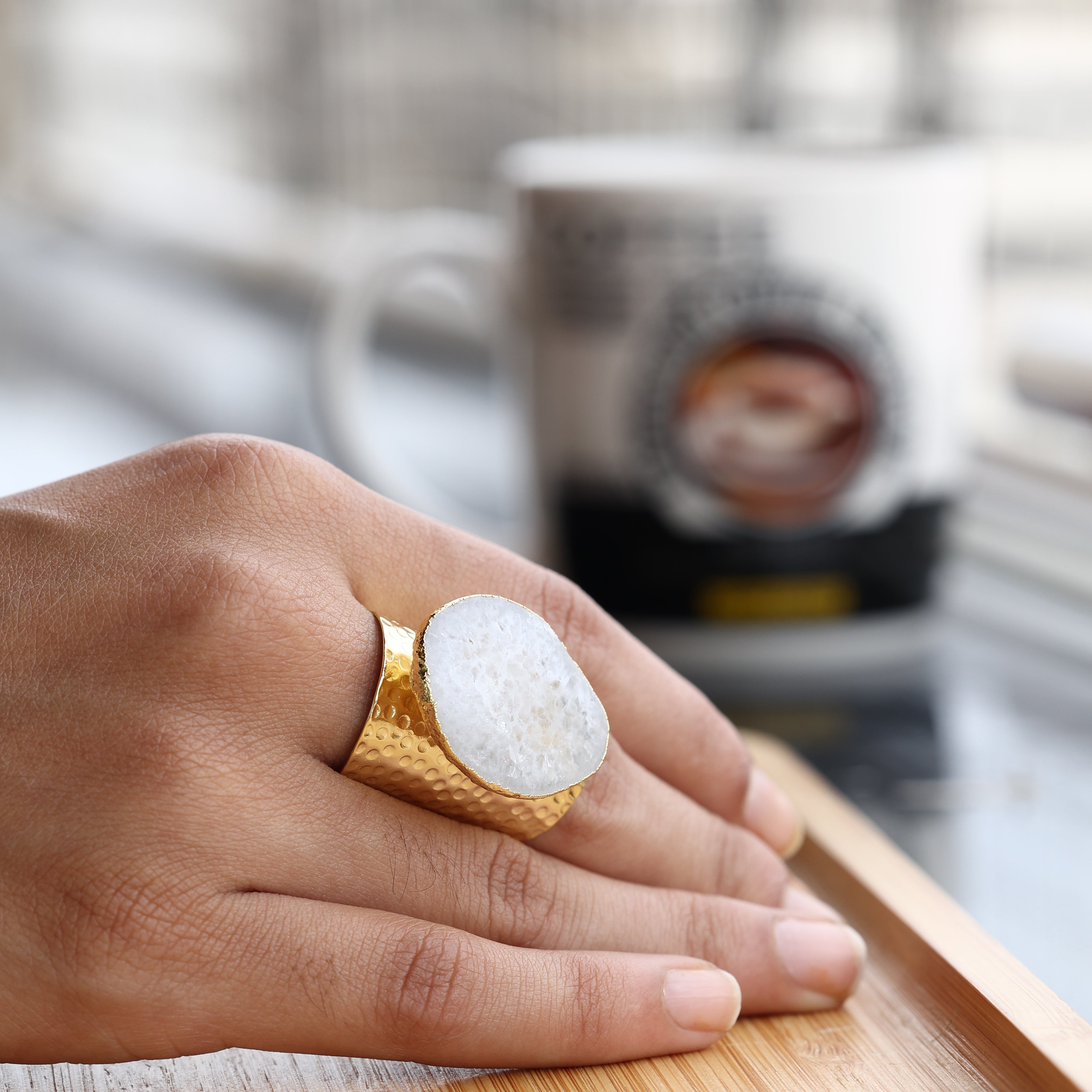 White Geode Statement Ring – Large Crystal on Hammered Gold Band My Store
