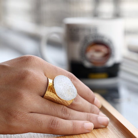 White Geode Statement Ring – Large Crystal on Hammered Gold Band My Store