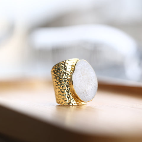 White Geode Statement Ring – Large Crystal on Hammered Gold Band My Store