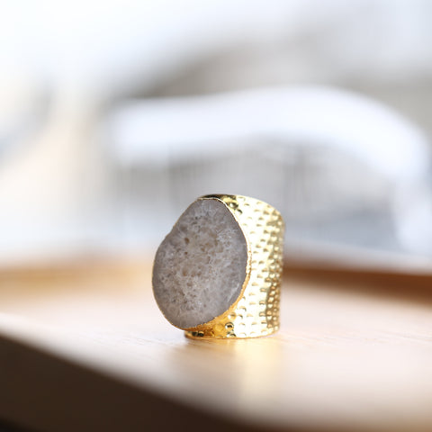 White Geode Statement Ring – Large Crystal on Hammered Gold Band My Store