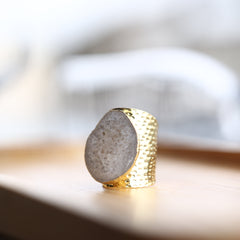 White Geode Statement Ring – Large Crystal on Hammered Gold Band My Store
