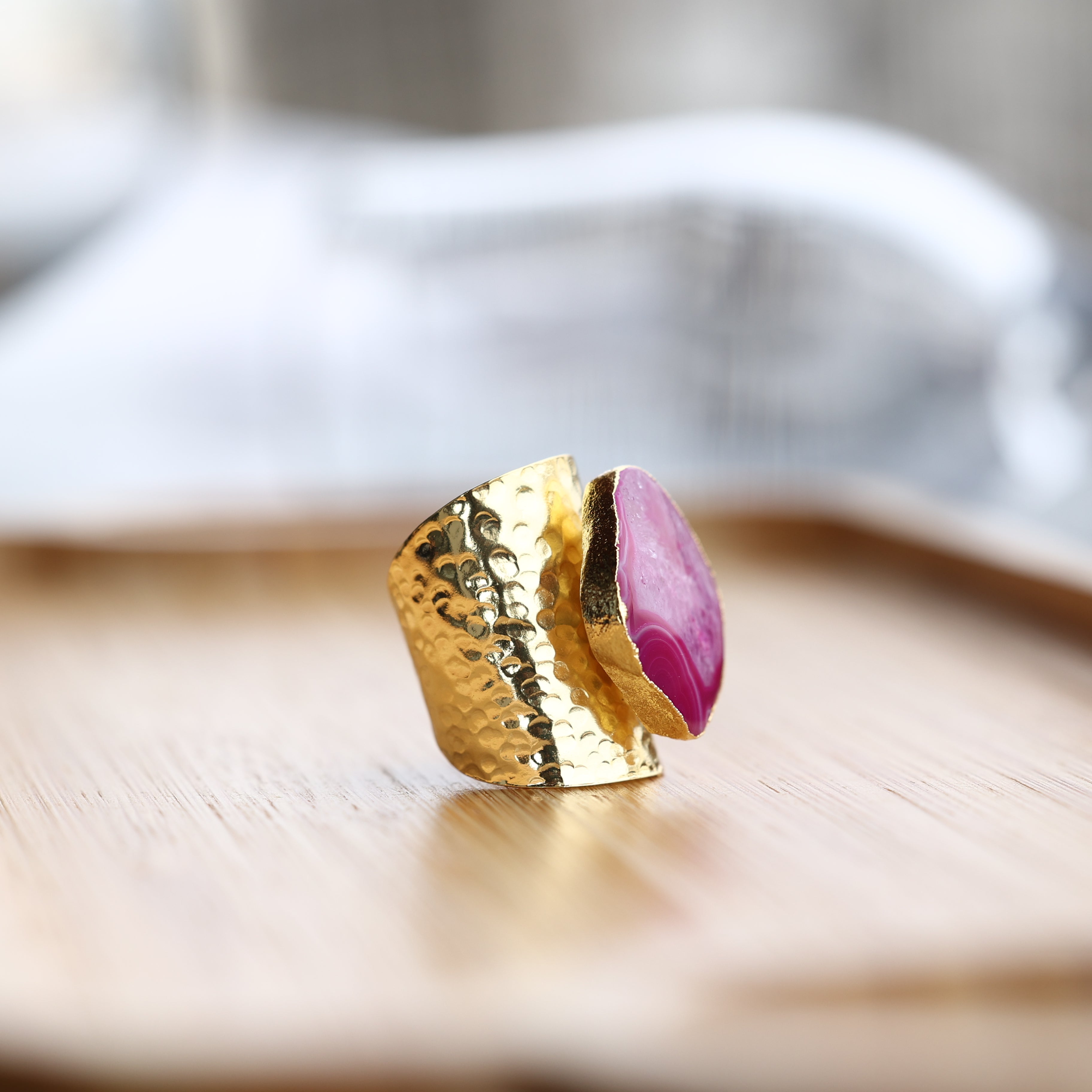 White Geode Statement Ring – Large Crystal on Hammered Gold Band My Store