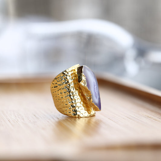 White Geode Statement Ring – Large Crystal on Hammered Gold Band My Store
