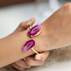 Natural agate slice duo bracelet with adjustable brass cuff and gold trimming