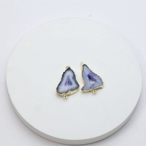 Purple natural geode slice charms with gold-plated edges for crafting necklaces and bracelets