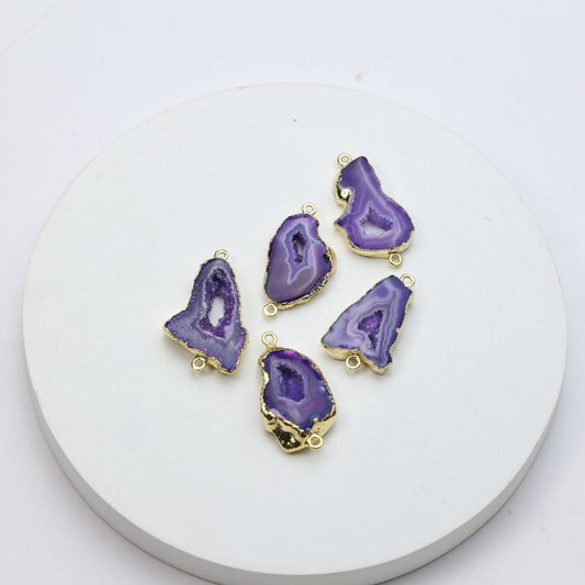 Natural purple agate geode slice charms with sparkling druzy centers and gold trim