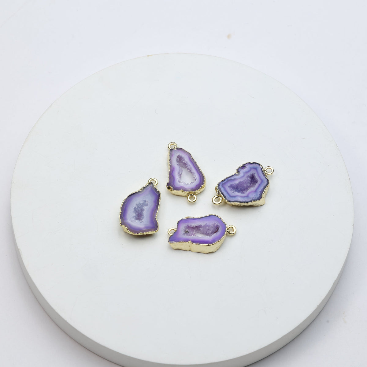 Purple agate geode slice connectors with gold-plated bezel and druzy crystal centers
