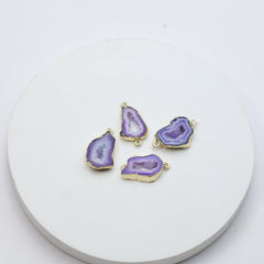 Purple agate geode slice connectors with gold-plated bezel and druzy crystal centers