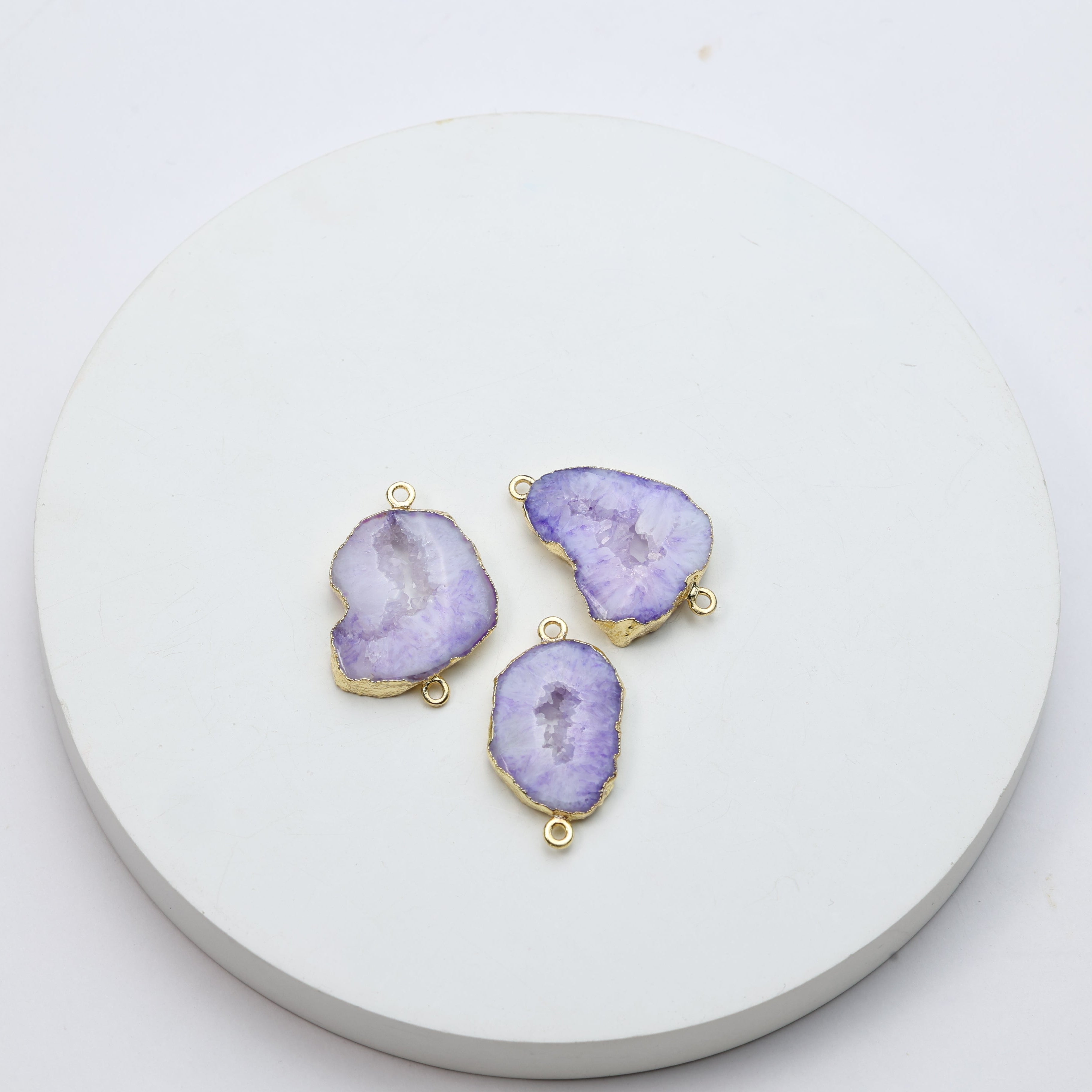 Violet natural geode slice connectors featuring raw druzy crystals and gold trim